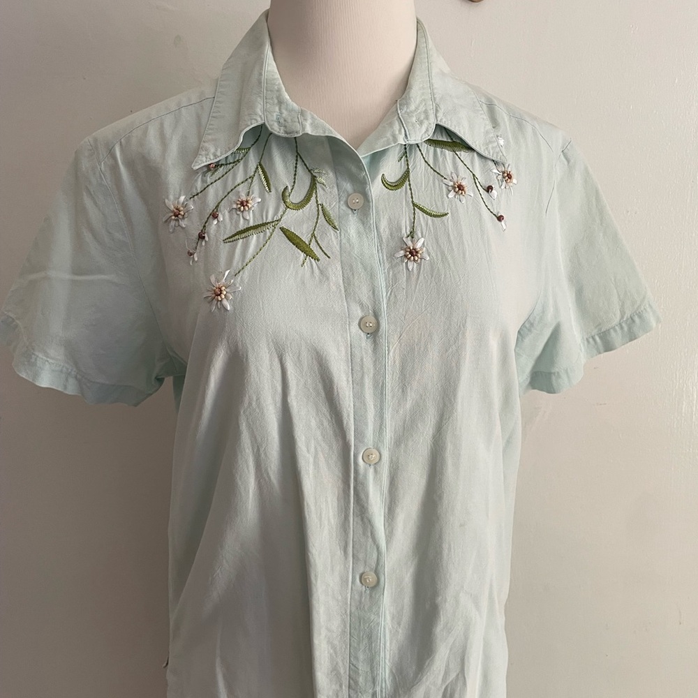Green Button Down Shirt with Notched Collar and Embellished Design
